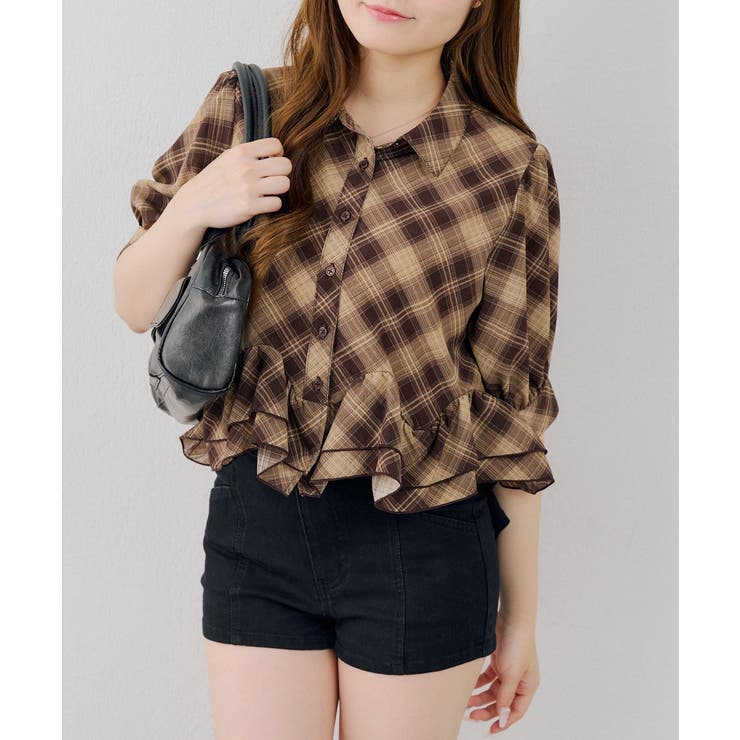 ブラウン | 裾フリルペプラムブラウス | NICE CLAUP / OLIVE des OLIVE　OUTLET