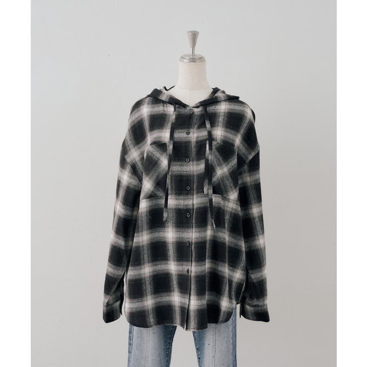 ブラック | チェックフードシャツ | NICE CLAUP / OLIVE des OLIVE　OUTLET