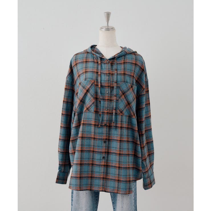ターコイズ | チェックフードシャツ | NICE CLAUP / OLIVE des OLIVE　OUTLET