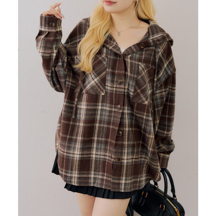 ブラウン | シャギーチェックフードシャツ | NICE CLAUP / OLIVE des OLIVE　OUTLET