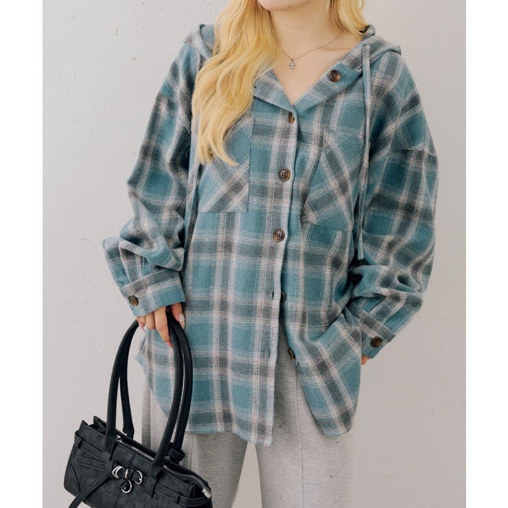 サックス | シャギーチェックフードシャツ | NICE CLAUP / OLIVE des OLIVE　OUTLET