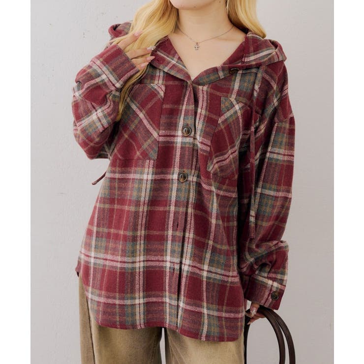 レッド | シャギーチェックフードシャツ | NICE CLAUP / OLIVE des OLIVE　OUTLET