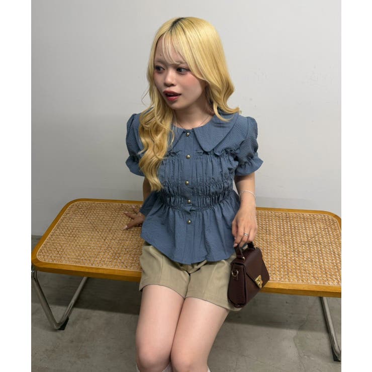 ブルー | シャーリング前ボタンブラウス | NICE CLAUP / OLIVE des OLIVE　OUTLET