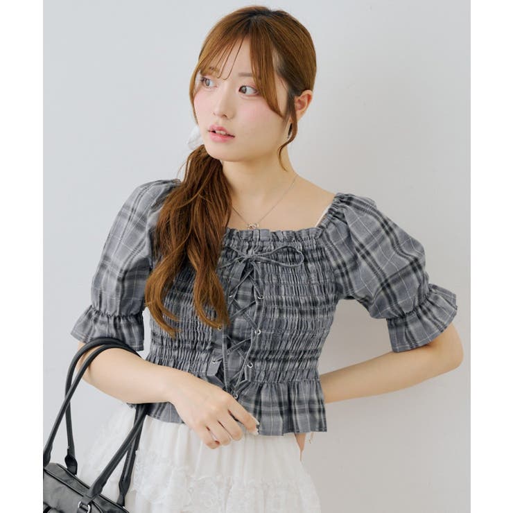 ブルー | チェックレースアップブラウス | NICE CLAUP / OLIVE des OLIVE　OUTLET