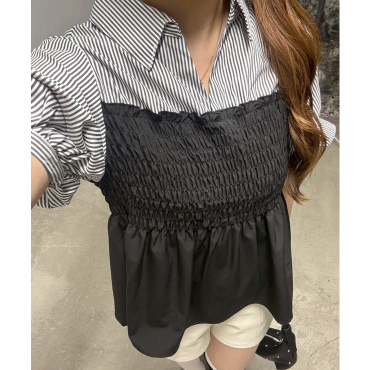 ストライプ | 異素材シャーリングドッキングブラウス | NICE CLAUP / OLIVE des OLIVE　OUTLET