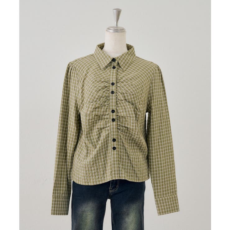カーキ | チェックギャザーブラウス | NICE CLAUP / OLIVE des OLIVE　OUTLET