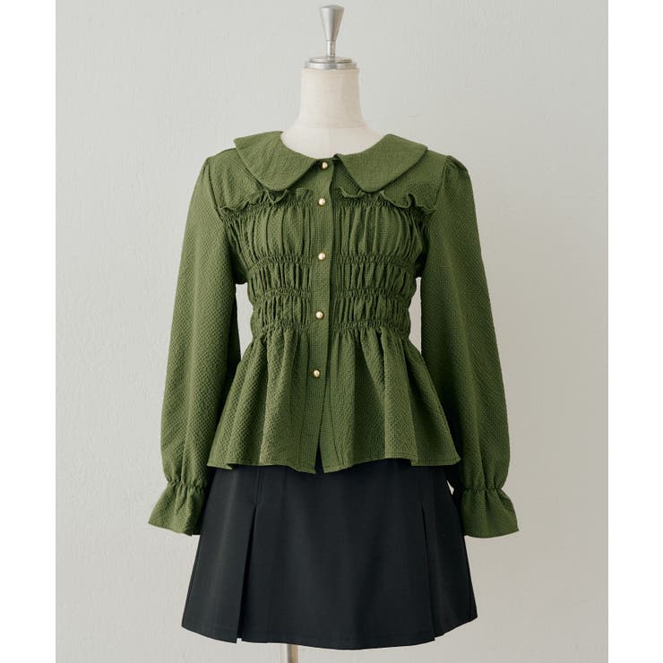グリーン | シャーリングペプラムブラウス長袖 | NICE CLAUP / OLIVE des OLIVE　OUTLET
