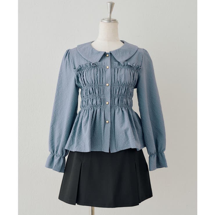 ブルー | シャーリングペプラムブラウス長袖 | NICE CLAUP / OLIVE des OLIVE　OUTLET