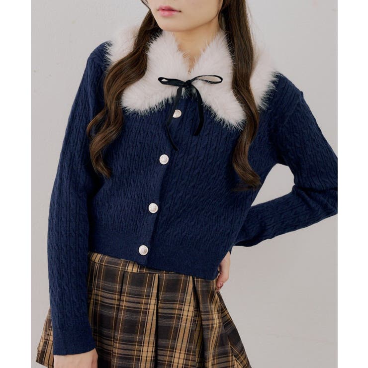 ネイビー | ティペット付金釦ケーブルカーディガン | NICE CLAUP / OLIVE des OLIVE　OUTLET