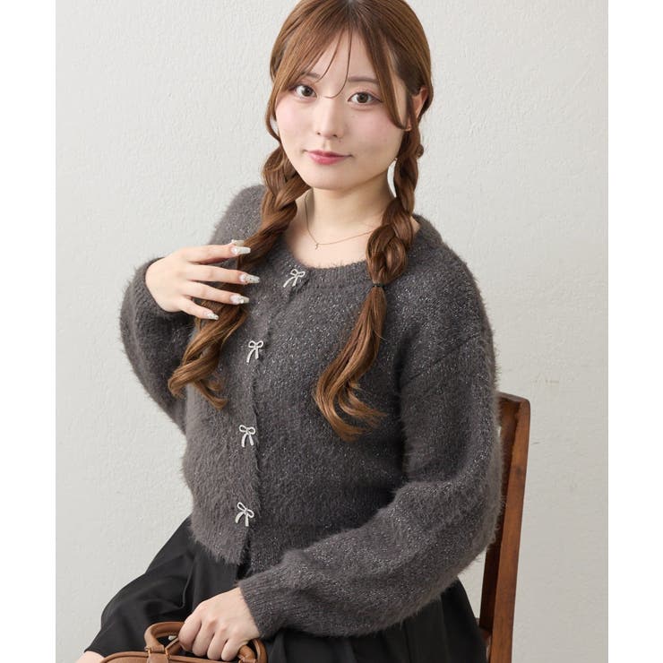 チャコール | ラメフェザーリボンボタンカーディガン | NICE CLAUP / OLIVE des OLIVE　OUTLET