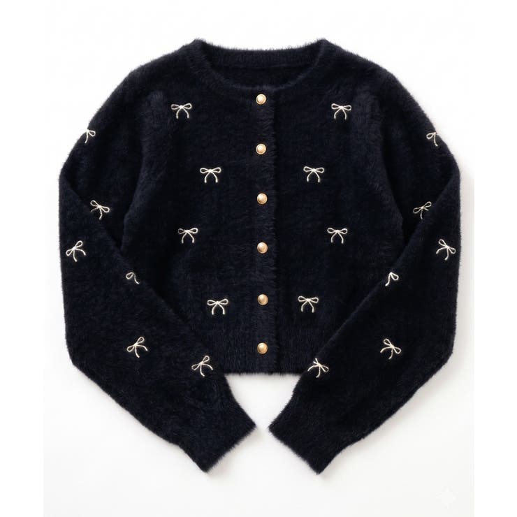 ブラック | フェザーリボン刺繍カーディガン | NICE CLAUP / OLIVE des OLIVE　OUTLET