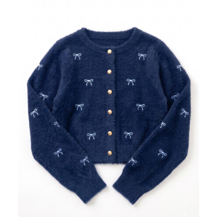 ネイビー | フェザーリボン刺繍カーディガン | NICE CLAUP / OLIVE des OLIVE　OUTLET