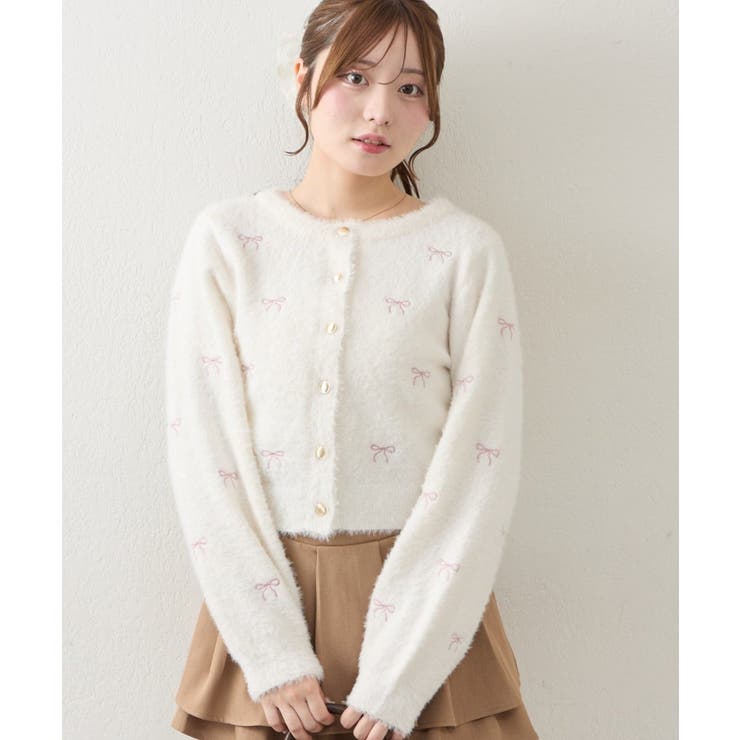 アイボリー | フェザーリボン刺繍カーディガン | NICE CLAUP / OLIVE des OLIVE　OUTLET