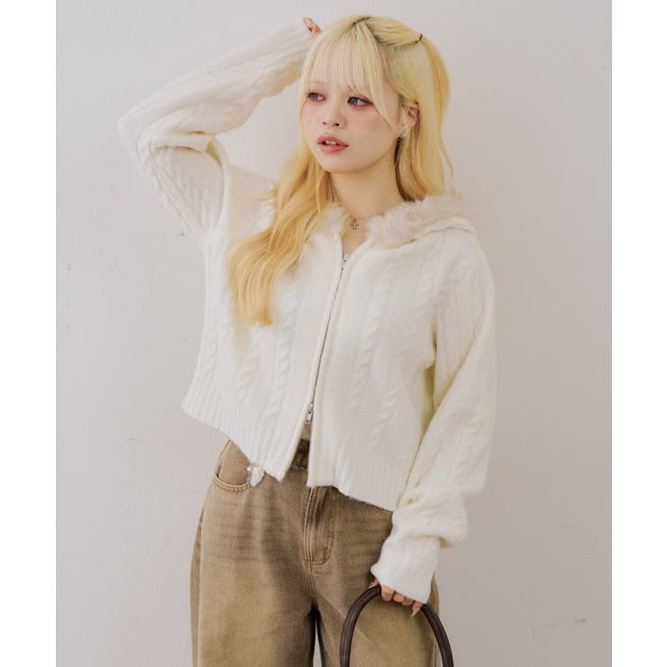 アイボリー | ファーフードケーブルZIPパーカー | NICE CLAUP / OLIVE des OLIVE　OUTLET