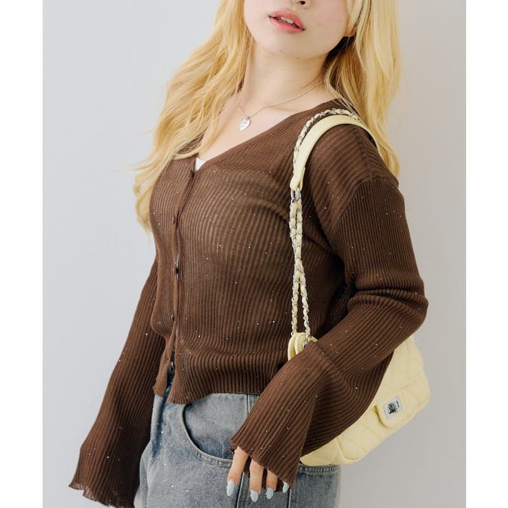 ブラウン | シアーリブスパンコールVカーディガン | NICE CLAUP / OLIVE des OLIVE　OUTLET