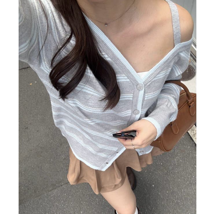 グレー | ボーダーオフショルカーディガン | NICE CLAUP / OLIVE des OLIVE　OUTLET