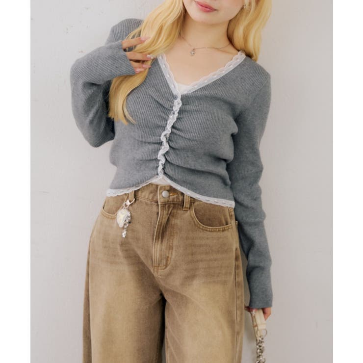 グレー | フロントギャザーレーストリムカーディガン | NICE CLAUP / OLIVE des OLIVE　OUTLET