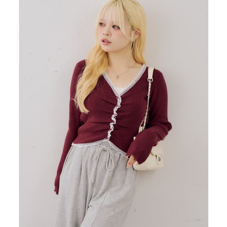 ボルドー | フロントギャザーレーストリムカーディガン | NICE CLAUP / OLIVE des OLIVE　OUTLET