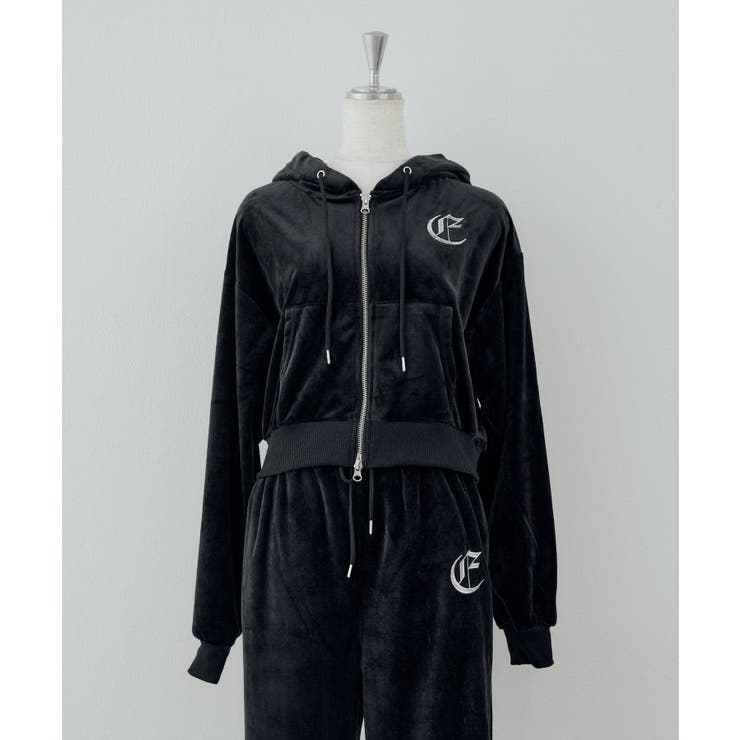 ブラック | 【セットアップ対応可】ロゴ刺しゅうベロアパーカー | NICE CLAUP / OLIVE des OLIVE　OUTLET