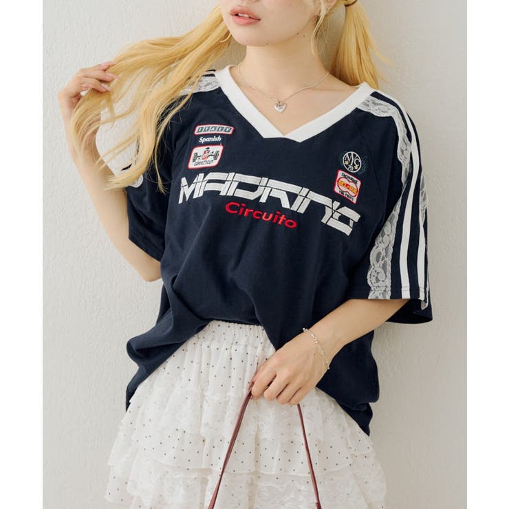 ネイビー | 袖レースゲームTシャツ | NICE CLAUP / OLIVE des OLIVE　OUTLET
