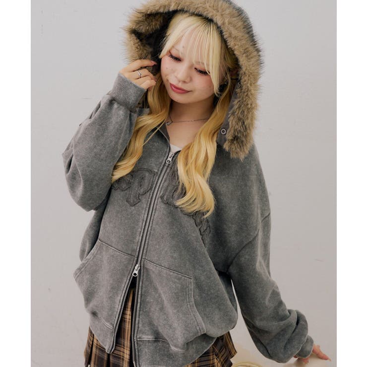 グレー | フェイクファー付ピグメントパーカー | NICE CLAUP / OLIVE des OLIVE　OUTLET