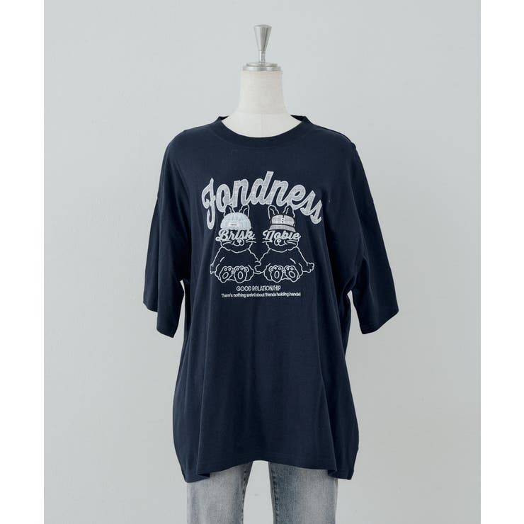 ネイビー | ラビットニット帽チェックロゴTシャツ | NICE CLAUP / OLIVE des OLIVE　OUTLET