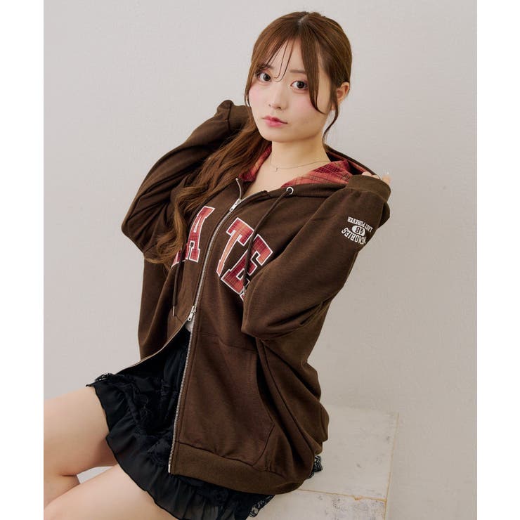 ブラウン | 裏毛配色ロゴジップパーカー | NICE CLAUP / OLIVE des OLIVE　OUTLET
