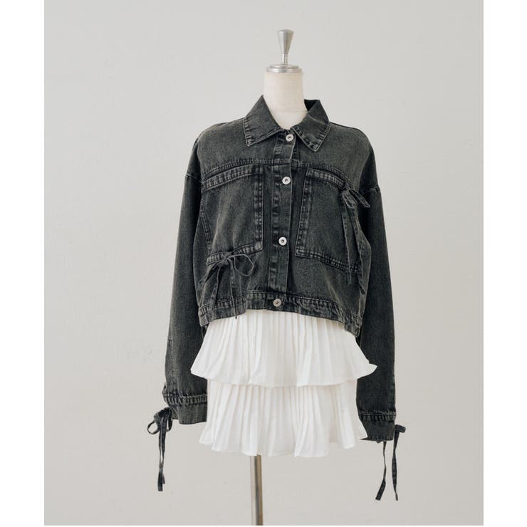 ブラック | 袖レースアップリボンデニムジャケット | NICE CLAUP / OLIVE des OLIVE　OUTLET