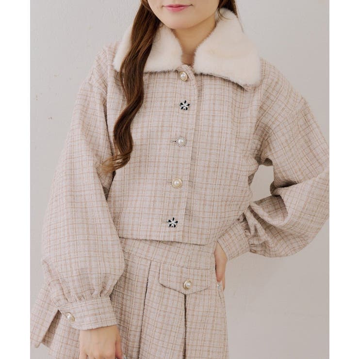 ベージュ | ラメツイードファー付ジャケット | NICE CLAUP / OLIVE des OLIVE　OUTLET