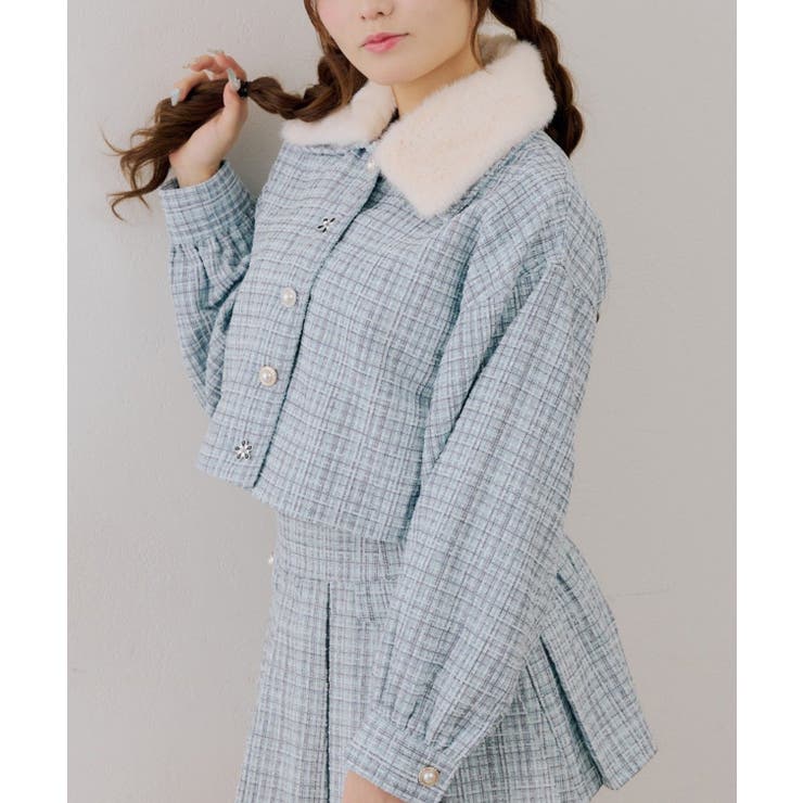 サックス | ラメツイードファー付ジャケット | NICE CLAUP / OLIVE des OLIVE　OUTLET
