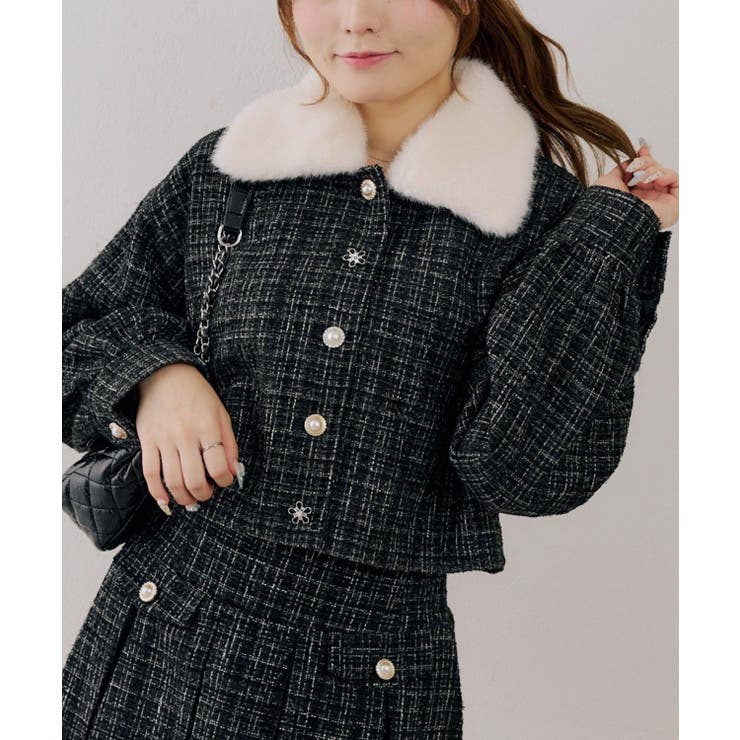チャコール | ラメツイードファー付ジャケット | NICE CLAUP / OLIVE des OLIVE　OUTLET