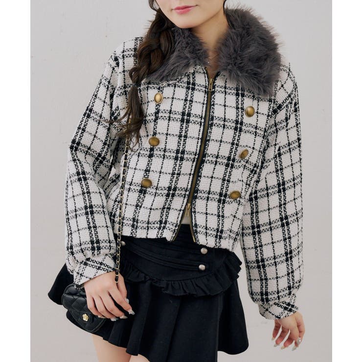 ツイードファーフェイクファー衿ブルゾン | NICE CLAUP / OLIVE des OLIVE　OUTLET | 詳細画像1 