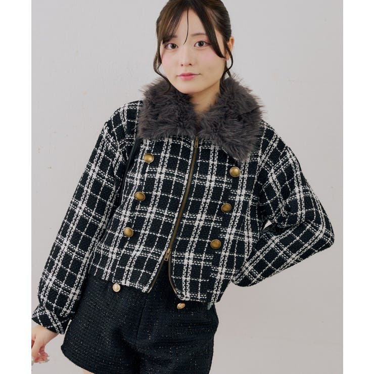 ブラック | ツイードファーフェイクファー衿ブルゾン | NICE CLAUP / OLIVE des OLIVE　OUTLET