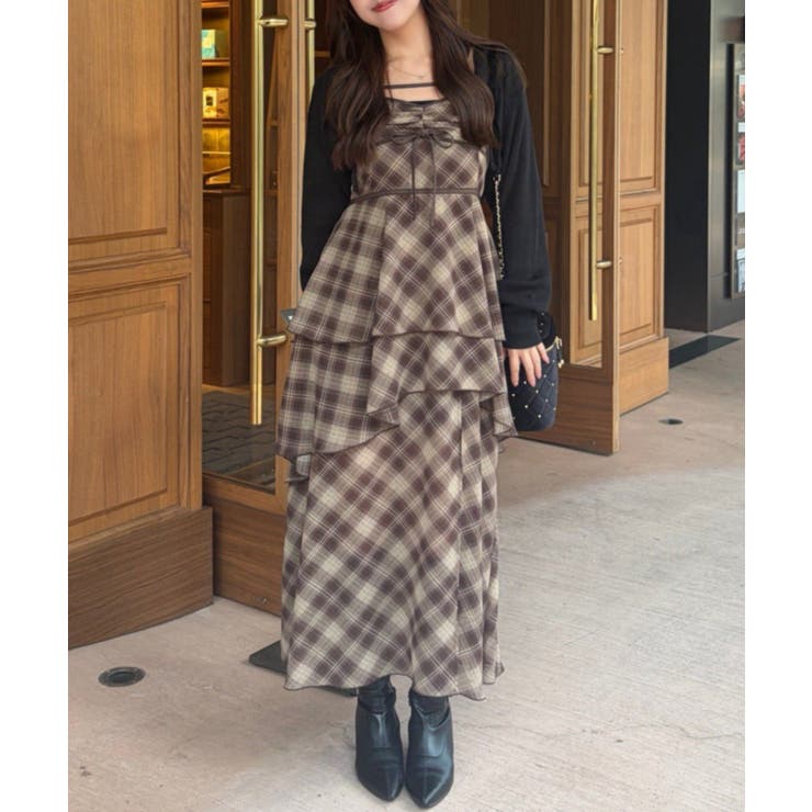 ブラウンチェック | 【無地/チェック】アシメスリットロングキャミワンピース | RMAF　NICE CLAUP / OLIVE des OLIVE
