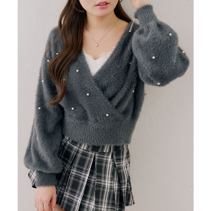 パール付フェザーカシュクールニット | RMAF　NICE CLAUP / OLIVE des OLIVE | 詳細画像1 