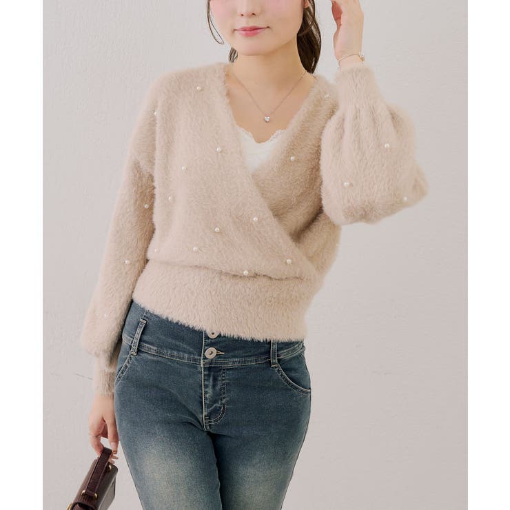 ベージュ | パール付フェザーカシュクールニット | RMAF　NICE CLAUP / OLIVE des OLIVE