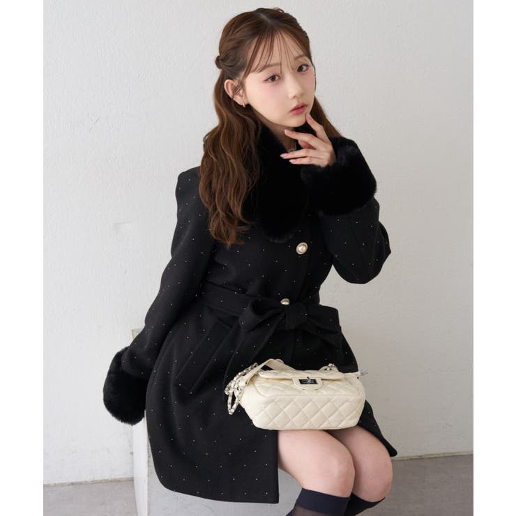 ラインストーンブラック | フェイクファー付2WAYコート | RMAF　NICE CLAUP / OLIVE des OLIVE