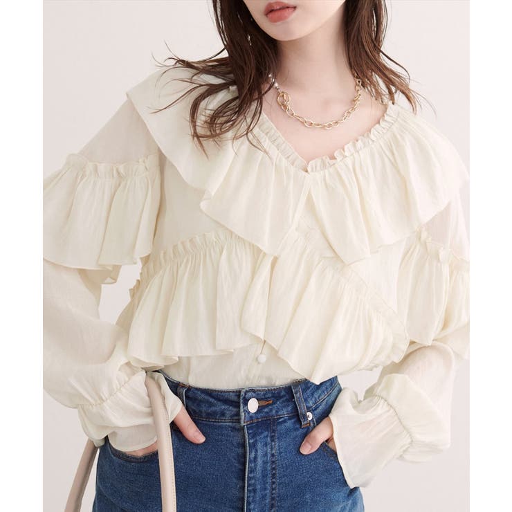 【natural couture】Vネックフリル衿キャンディスリーブブラウス | NICE CLAUP / OLIVE des OLIVE　OUTLET | 詳細画像1 
