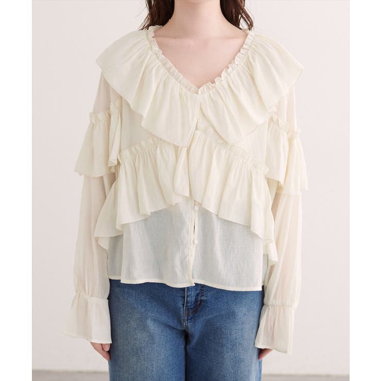 【natural couture】Vネックフリル衿キャンディスリーブブラウス | NICE CLAUP / OLIVE des OLIVE　OUTLET | 詳細画像2 