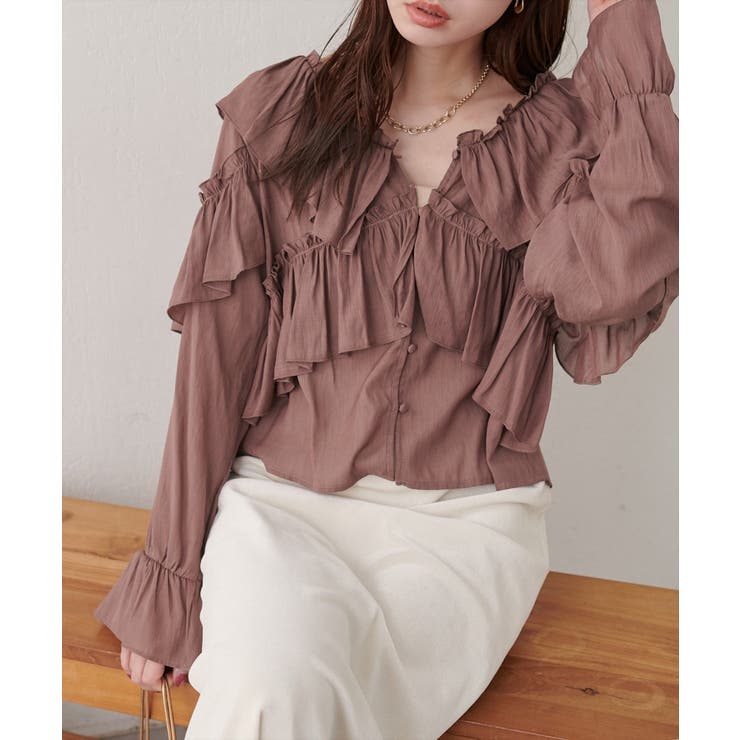 レッド系 | 【natural couture】Vネックフリル衿キャンディスリーブブラウス | NICE CLAUP / OLIVE des OLIVE　OUTLET