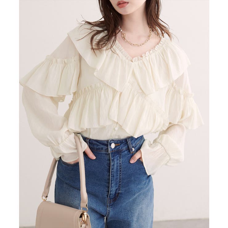 アイボリー | 【natural couture】Vネックフリル衿キャンディスリーブブラウス | NICE CLAUP / OLIVE des OLIVE　OUTLET