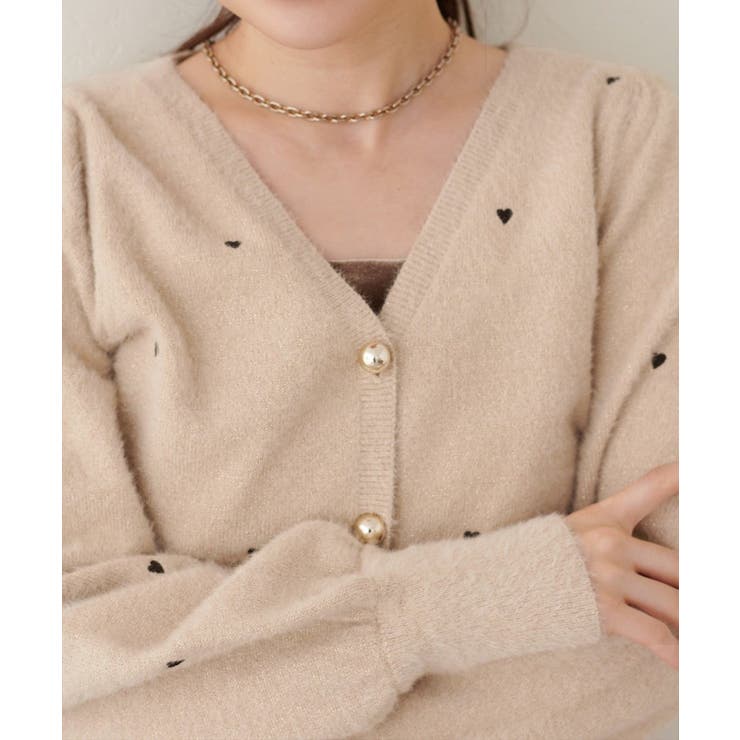ベージュ | 【natural couture】〈mizu〉ミニシャギーハート刺繍ニットカーデ… | NICE CLAUP / OLIVE des OLIVE　OUTLET