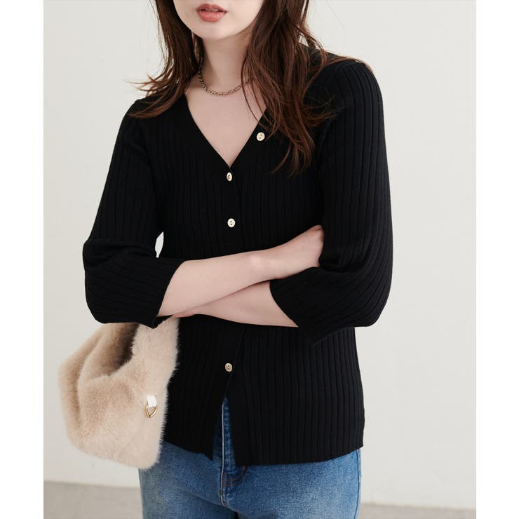 ブラック | 【natural couture】うす金釦ぴたリブニットカーディガン | NICE CLAUP / OLIVE des OLIVE　OUTLET