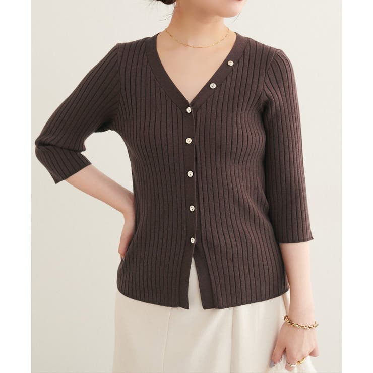 ブラウン | 【natural couture】うす金釦ぴたリブニットカーディガン | NICE CLAUP / OLIVE des OLIVE　OUTLET