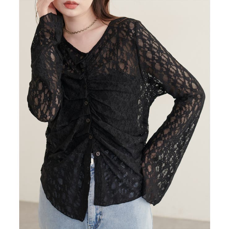 ブラック | 【natural couture】フロントタックデザインレースカーディガ… | NICE CLAUP / OLIVE des OLIVE　OUTLET