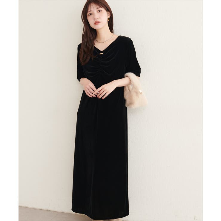 【natural couture】フロントギャザーベロア5分袖ワンピース | NICE CLAUP / OLIVE des OLIVE　OUTLET | 詳細画像3 