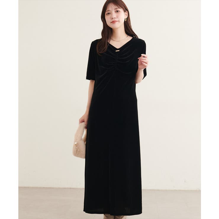 【natural couture】フロントギャザーベロア5分袖ワンピース | NICE CLAUP / OLIVE des OLIVE　OUTLET | 詳細画像4 