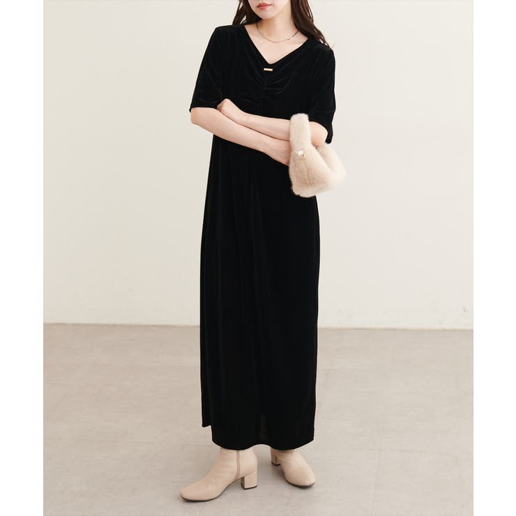 【natural couture】フロントギャザーベロア5分袖ワンピース | NICE CLAUP / OLIVE des OLIVE　OUTLET | 詳細画像5 