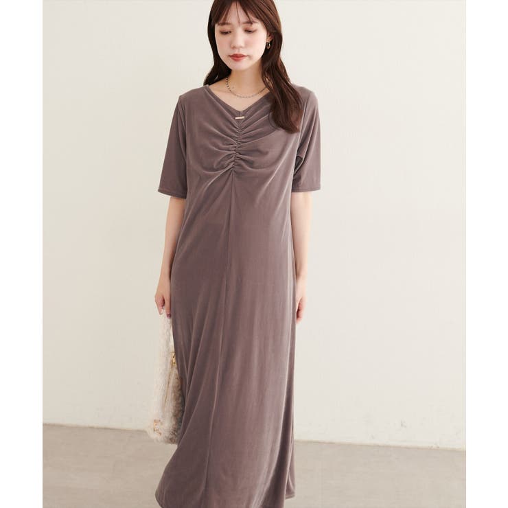 【natural couture】フロントギャザーベロア5分袖ワンピース | NICE CLAUP / OLIVE des OLIVE　OUTLET | 詳細画像14 