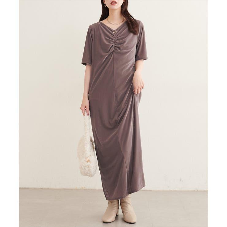 【natural couture】フロントギャザーベロア5分袖ワンピース | NICE CLAUP / OLIVE des OLIVE　OUTLET | 詳細画像15 